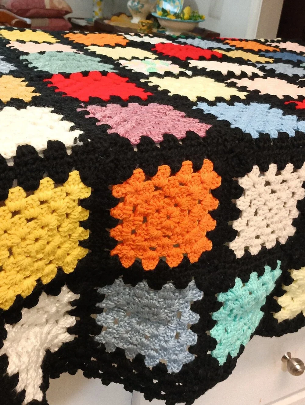 Like New Vintage Handmade Black Multicolor Granny Square Crotchet Afghan